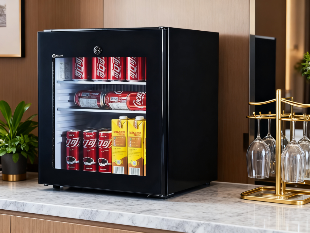 Energy-efficient hotel mini bar refrigerator in guest room