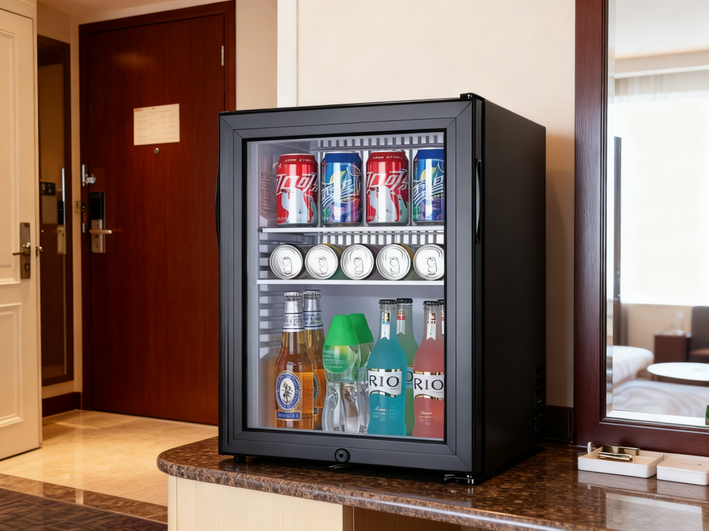 a Glass Door Refrigerator for In-Room Beverage Mini Bar