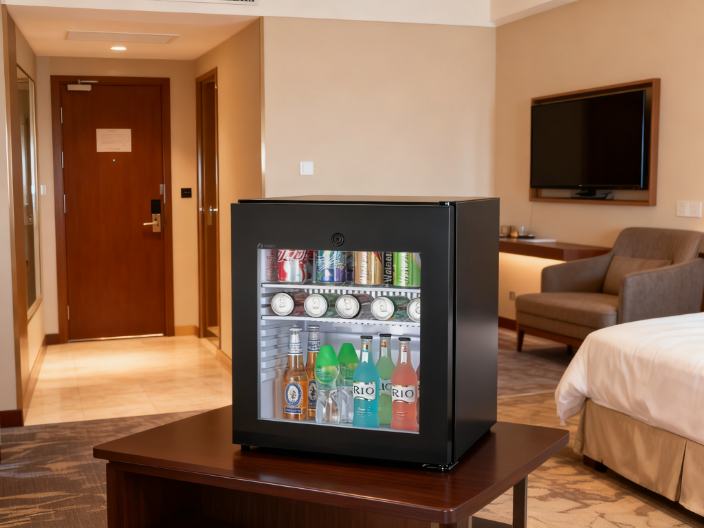 a Glass Door Refrigerator in Hotel Room