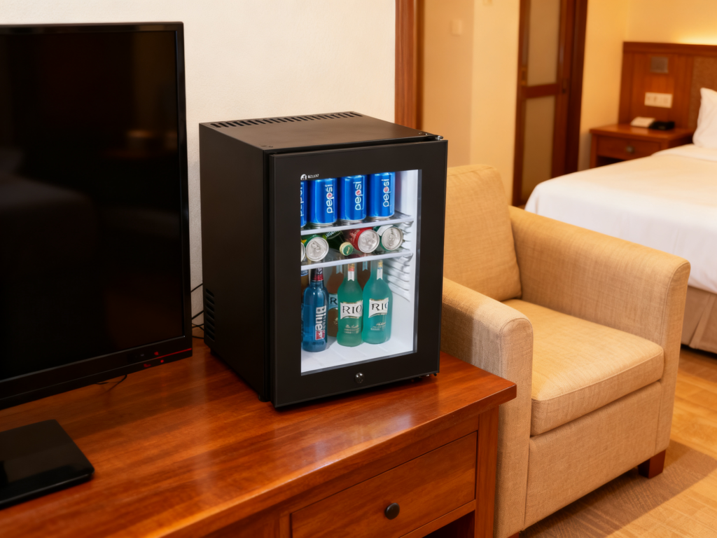 glass door refrigerator in guest room