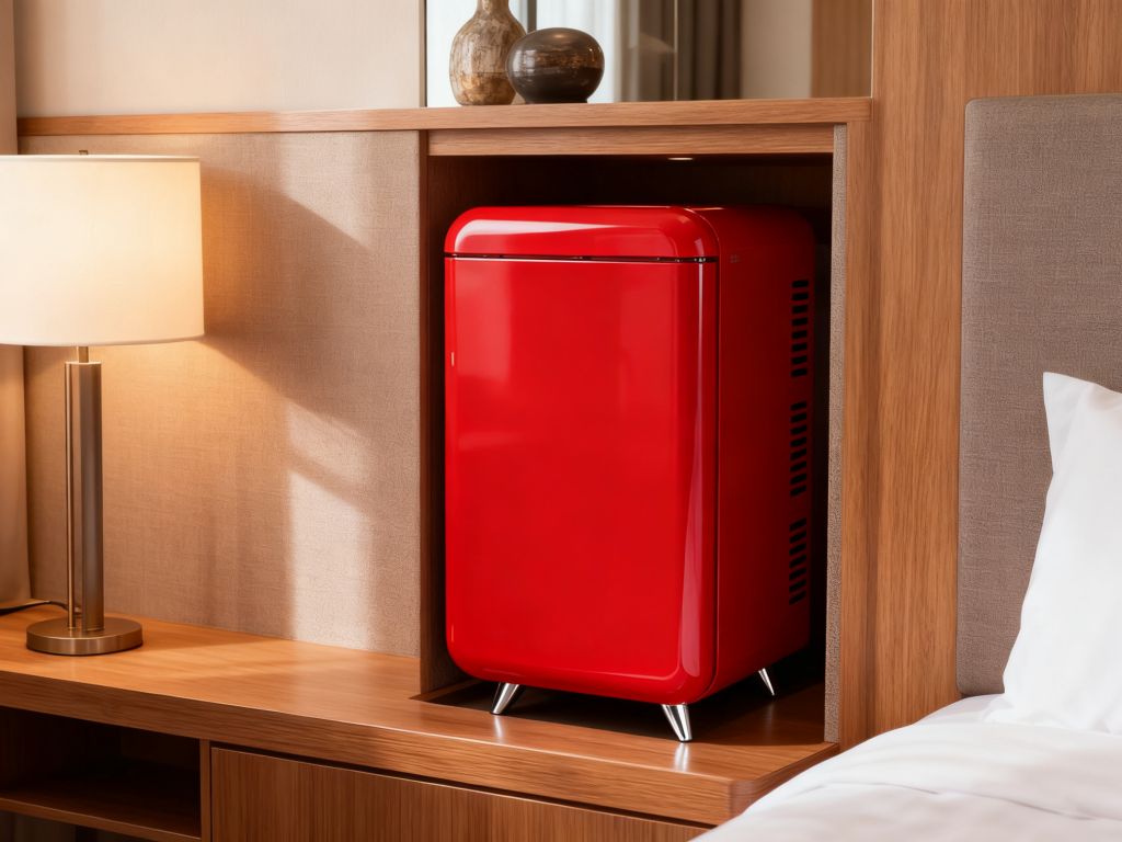 the retro fridge in the hotel room