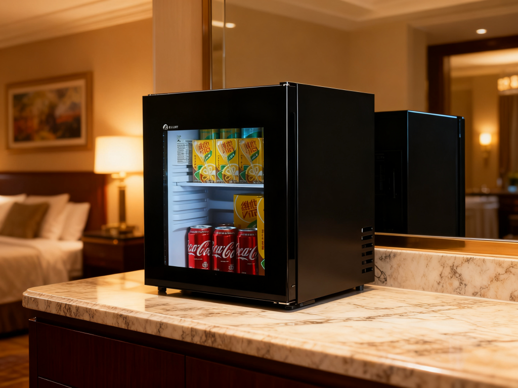 a glass door fridge-hotel minibar