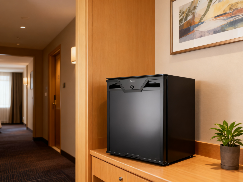 plastic-door refrigerator in the hotel entrance hall