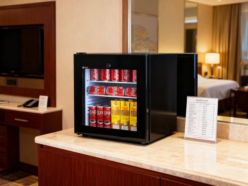 refrigerator with glass door in the hotel rooms