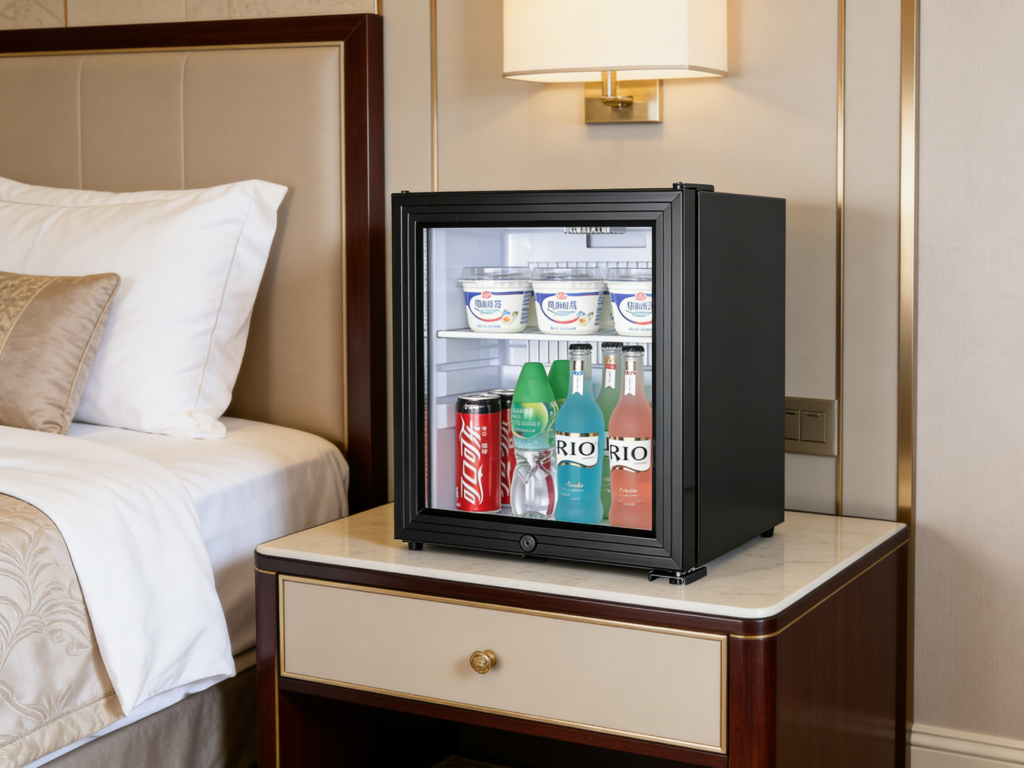 a mini bar fridge in a bedroom